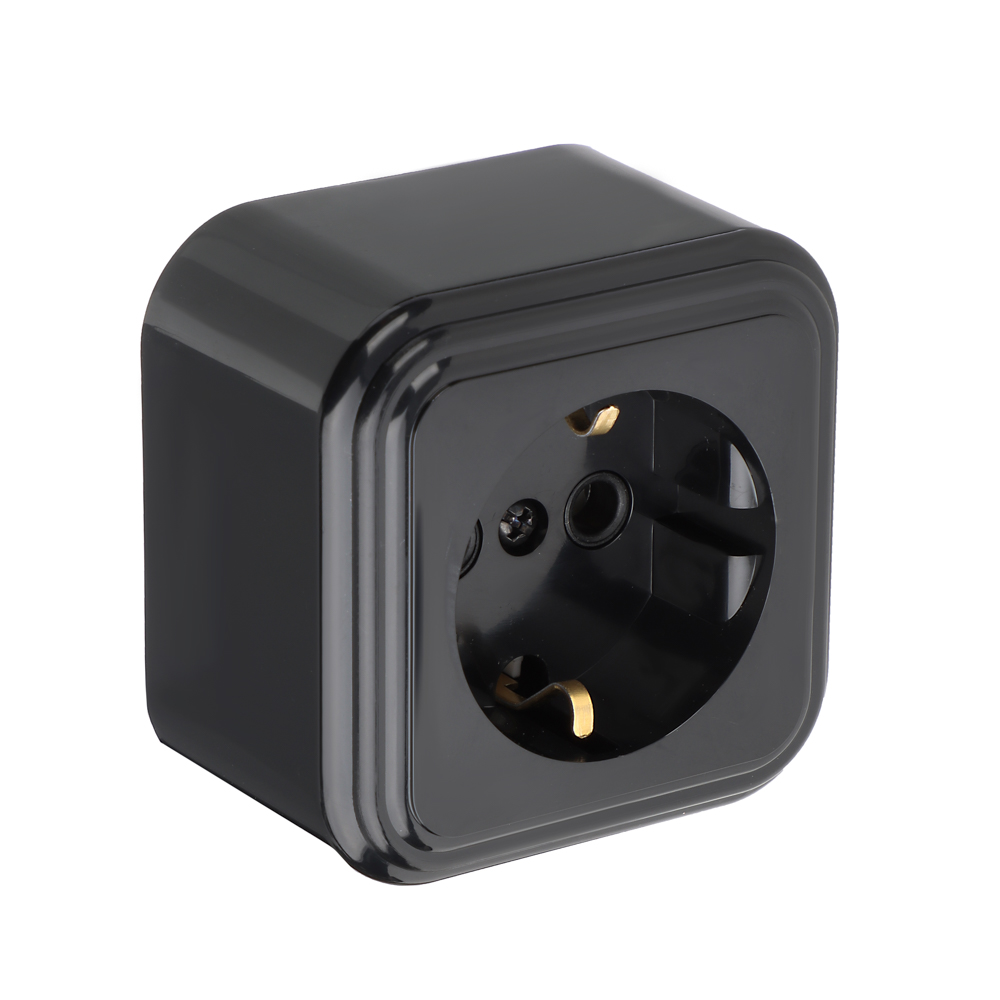 Розетка FORZA с заземляющим контактом RA 16-133-Ч, 250В, 16А, IP20, 65x65x41 мм, чёрная УХЛ4, арт.№ 904-008