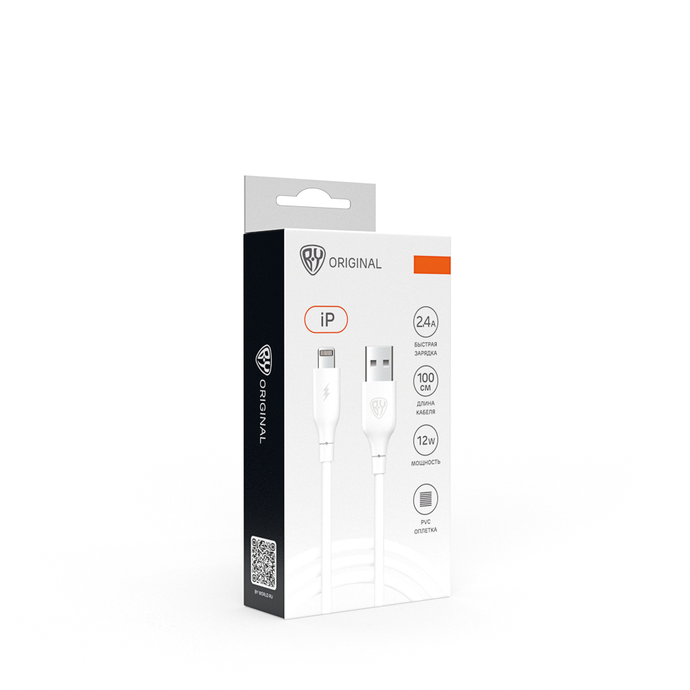 Кабель для зарядки USB(A)-iP BY Эко, 1м, Быстрая зарядка 2.4А, 12Вт, прорезиненный, белый, арт.№ 931-544
