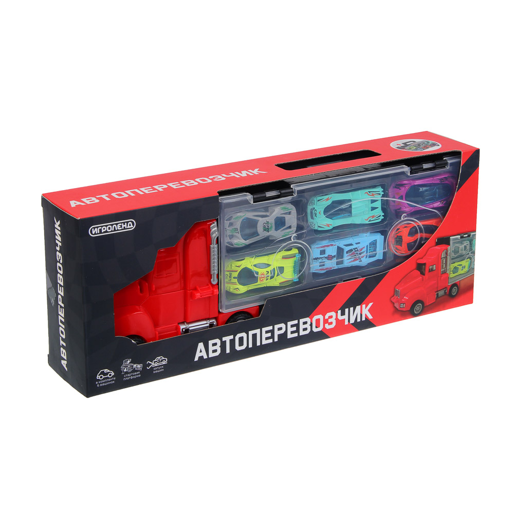 ИГРОЛЕНД Автоперевозчик, с запуском, 6 машинок, PP, 37х14,2х7,3 см, 2 дизайна, арт.№ 292-478