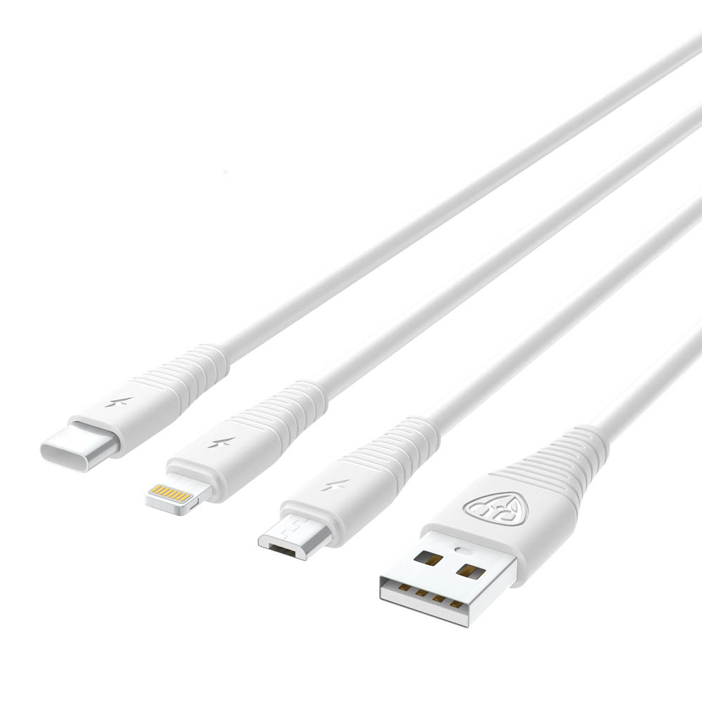 Кабель для зарядки 3в1 USB(A)-Type-C/microUSB/iP BY Base, 18W, 1,2 м, 3A, PVC, белый, арт.№ 931-600