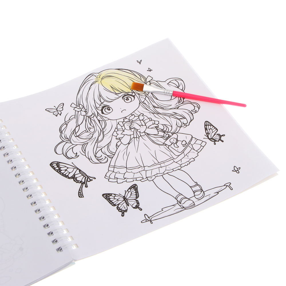 Раскраска детская "Анимэ" с наклейками и сухими красками 19стр, 19х19см, бумага, 4 дизайна, арт.№ 281-290