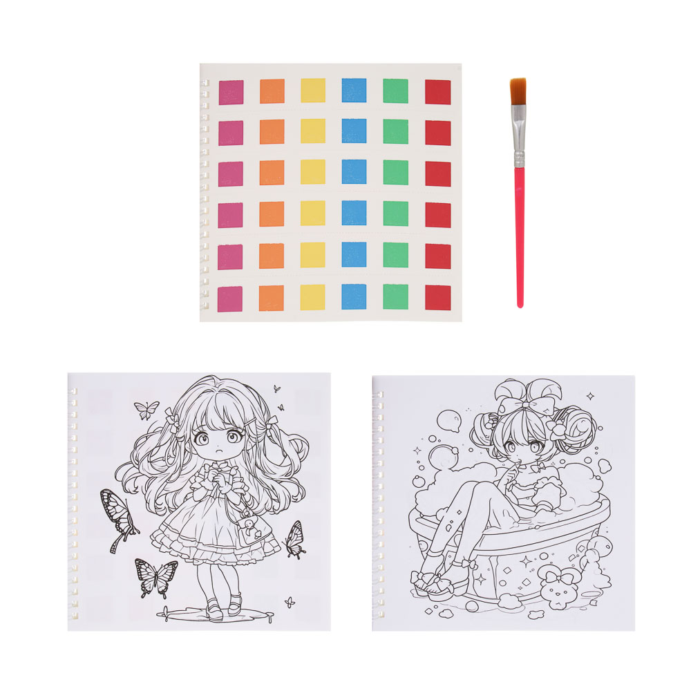 Раскраска детская "Анимэ" с наклейками и сухими красками 19стр, 19х19см, бумага, 4 дизайна, арт.№ 281-290