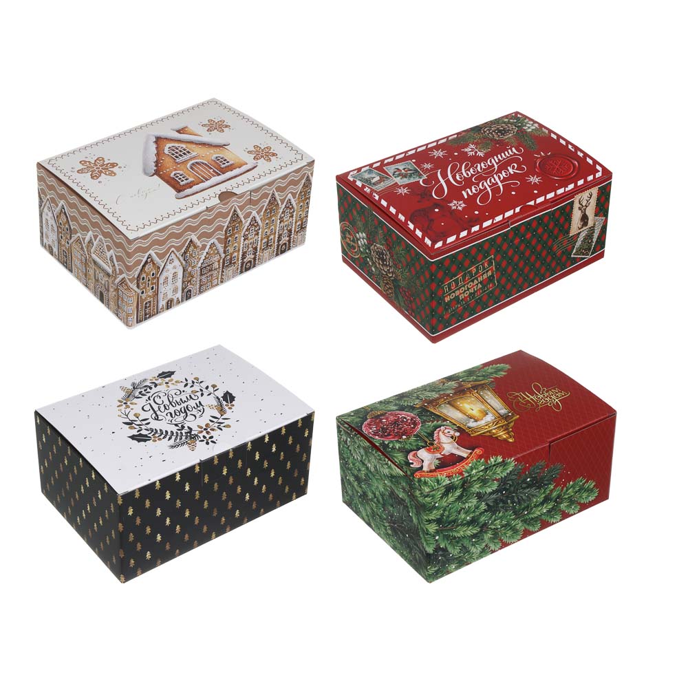 Коробка подарочная новогодняя тм СНОУ БУМ складная, 22x15x10см, 4 диз, картон, арт.№ 780-019