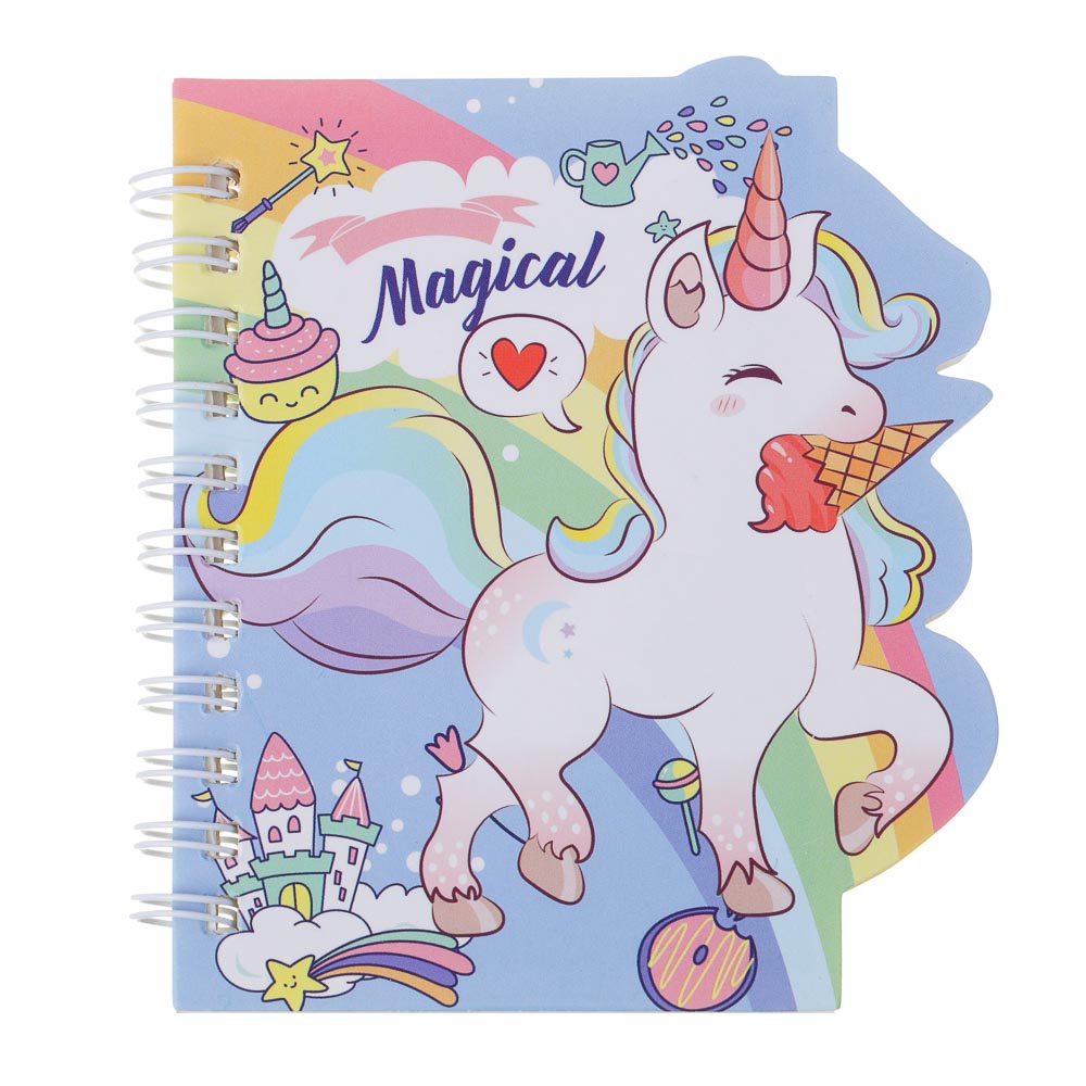 Записная книжка на спирали, фигурная обложка, 9,5х10,5см, 58 л., 4 дизайна, Единороги, арт.№ 574-083
