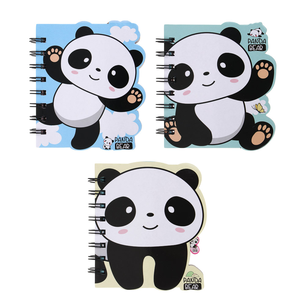 Записная книжка фигурная, обложка картон на спирали, 10х12см, 57 л., 3 дизайна, Панды, арт.№ 574-084