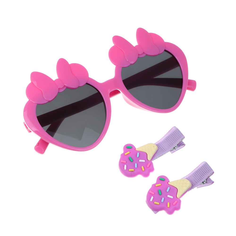 GALANTE Набор детский 3 пр. : Очки солнцезащитные 125x41мм, заколки 2 шт. 4,6 см, 6 дизайнов, арт.№ 304-508