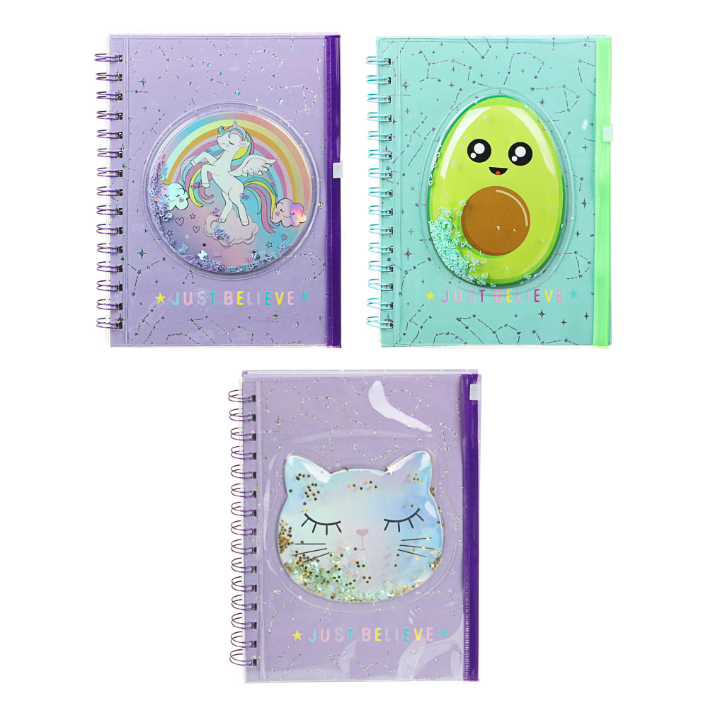 Зап.книжка 80л., 21х15см, тв.обл., пенал на молнии, объем.апплик. с подвиж.блестками, спираль, 3 диз, арт.№ 557-007