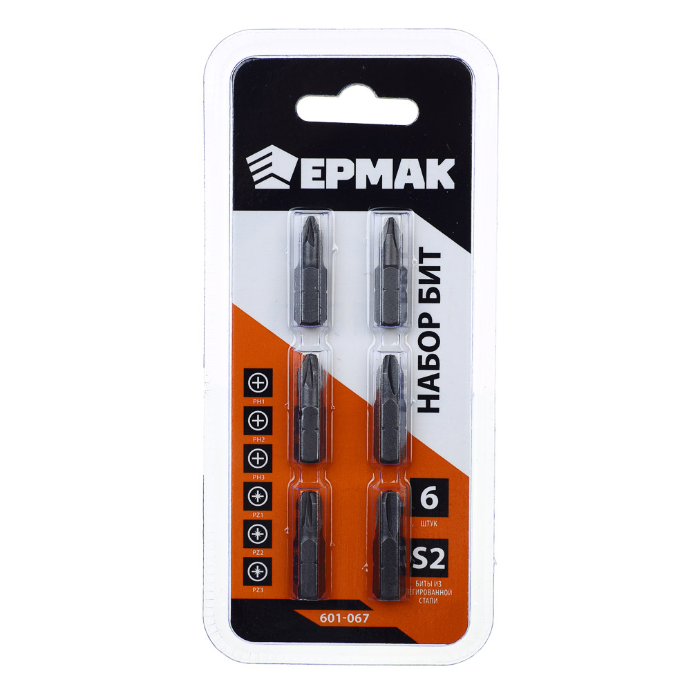 ЕРМАК Биты для шуруповерта, набор 6 предметов, блистер, длина 25 мм, в наборе PH; PZ, арт.№ 601-067