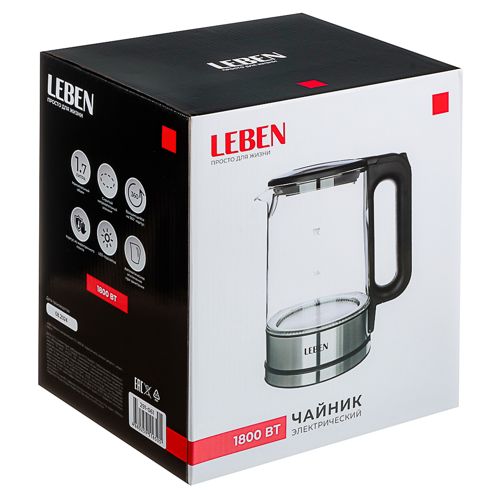 LEBEN Чайник электрический 1,7л, 1800Вт, скрытый нагр.элемент, автооткл., металл, стекло, арт.№ 291-061