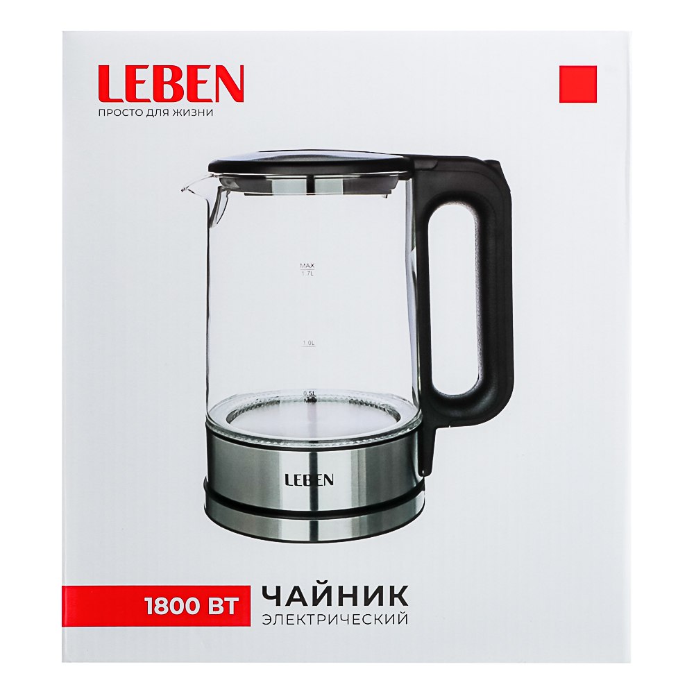 LEBEN Чайник электрический 1,7л, 1800Вт, скрытый нагр.элемент, автооткл., металл, стекло, арт.№ 291-061