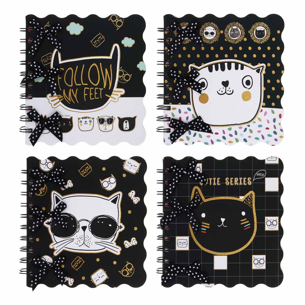 Записная книжка фигурная, 15x15см, 96 л., спираль, обл. картон, декор бантики, 4 дизайна, Котики, арт.№ 574-086