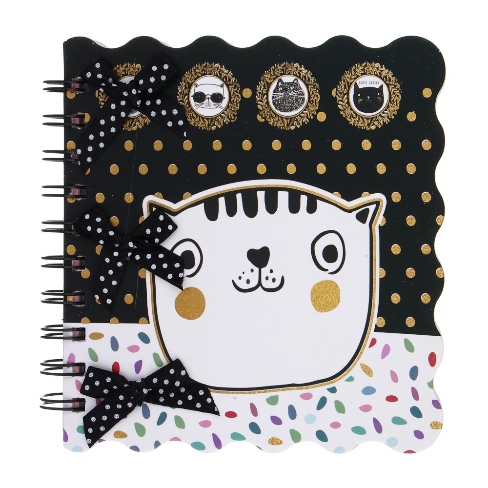 Записная книжка фигурная, 15x15см, 96 л., спираль, обл. картон, декор бантики, 4 дизайна, Котики, арт.№ 574-086