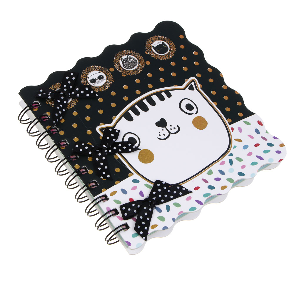 Записная книжка фигурная, 15x15см, 96 л., спираль, обл. картон, декор бантики, 4 дизайна, Котики, арт.№ 574-086