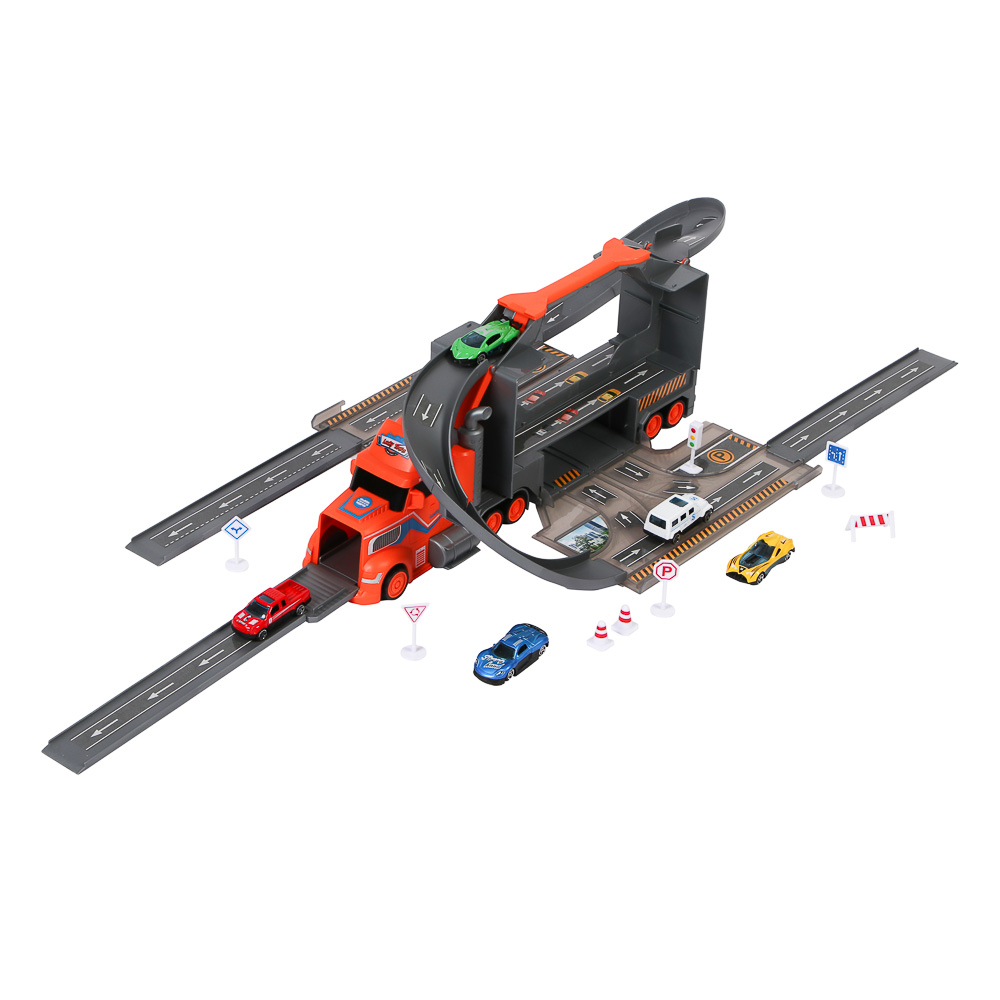 ИГРОЛЕНД Городской автовоз с треком, 5 машин, дорожные знаки, ABS, металл, 46,5х13х21 см, арт.№ 276-174