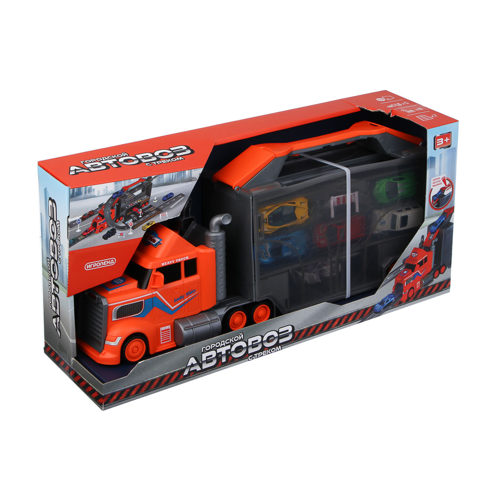 ИГРОЛЕНД Городской автовоз с треком, 5 машин, дорожные знаки, ABS, металл, 46,5х13х21 см, арт.№ 276-174