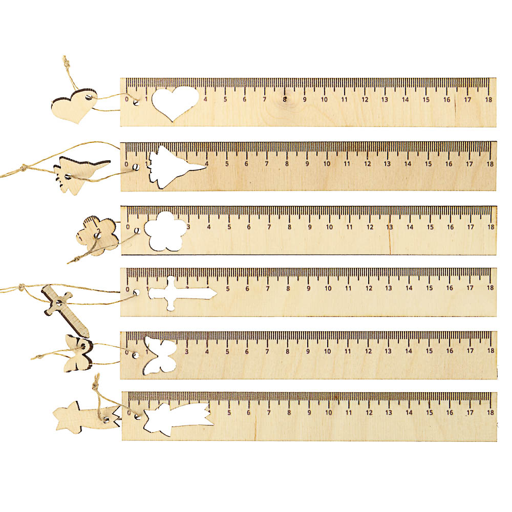 Линейка 18 см, с вырубкой и подвесом - фигуркой в форме вырубки, дерево, инд.маркировка, 6 дизайнов, арт.№ 576-024