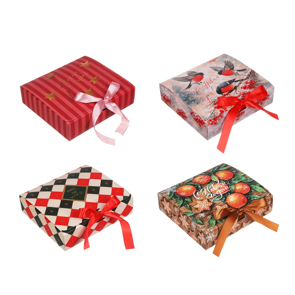 Коробка подарочная новогодняя тм СНОУ БУМ складная, 20x18x5см, 4диз, картон, арт.№ 780-026