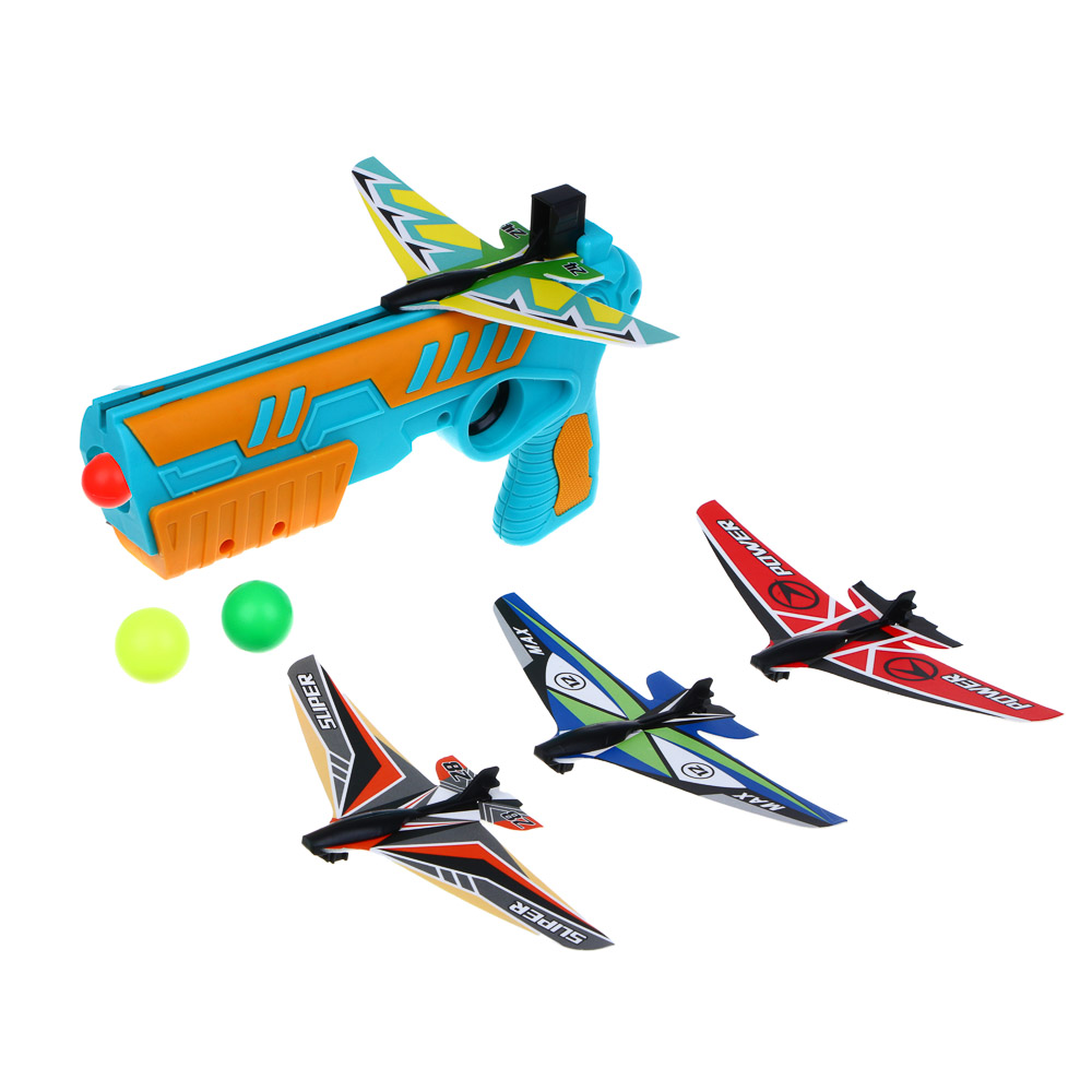 SILAPRO Набор для воздушного боя (пистолет-1шт., самолет 14х6.5см-4шт., мяч 3шт.), ABS, пенопласт, арт.№ 134-229