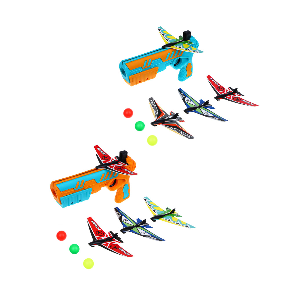 SILAPRO Набор для воздушного боя (пистолет-1шт., самолет 14х6.5см-4шт., мяч 3шт.), ABS, пенопласт, арт.№ 134-229