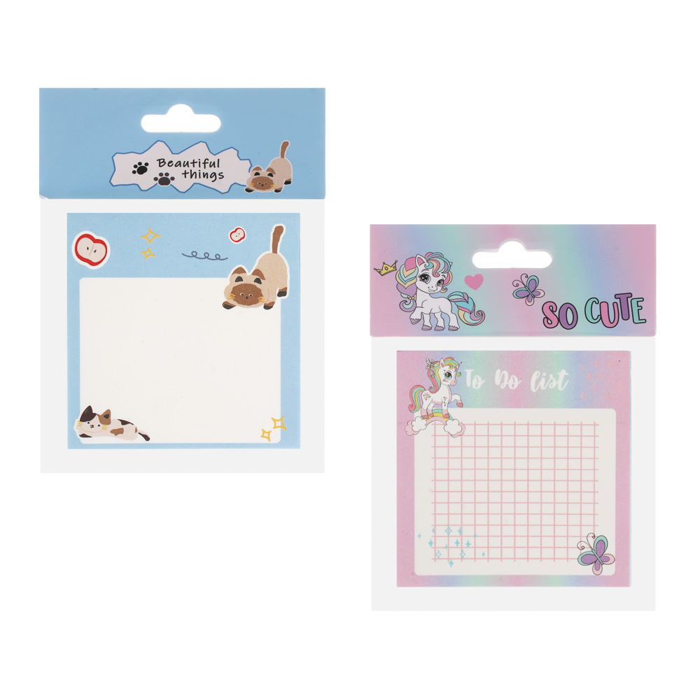 Бумага для заметок клейкая 8х8см, 100л, 80г, "Единорожка/Котики", 2 дизайна, арт.№ 557-106