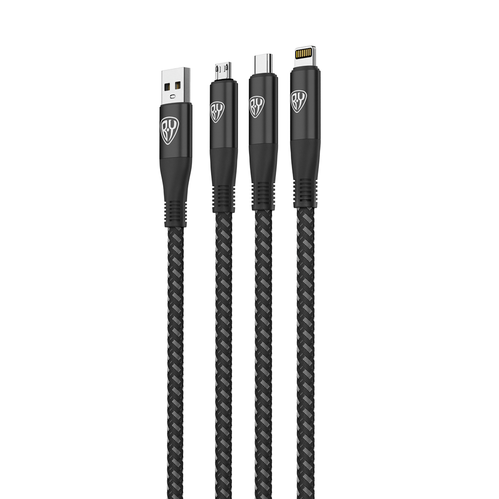 Рыжий Кабель для зарядки 3в1, iP/Micro USB/Type-C, 1.5м, 2.4А, тканевая оплётка, серый, арт.№ 931-115