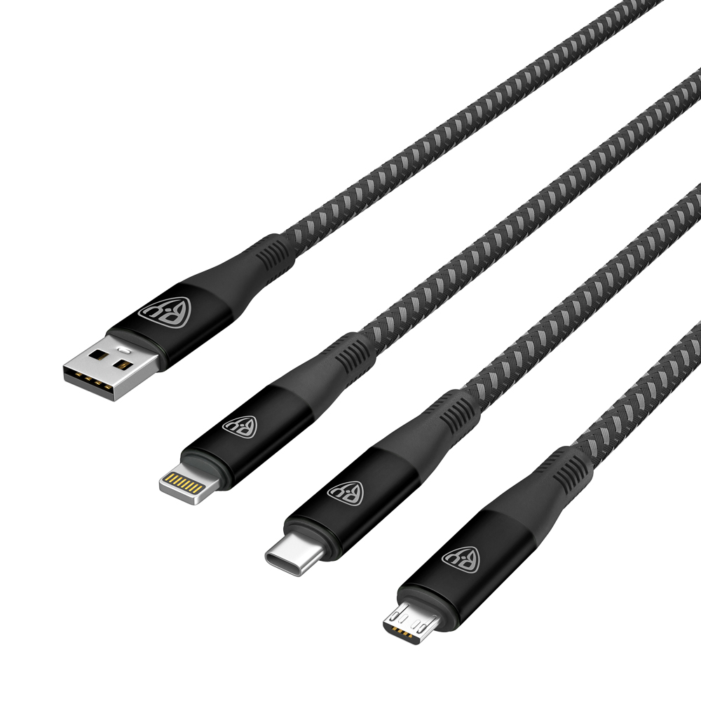 Рыжий Кабель для зарядки 3в1, iP/Micro USB/Type-C, 1.5м, 2.4А, тканевая оплётка, серый, арт.№ 931-115