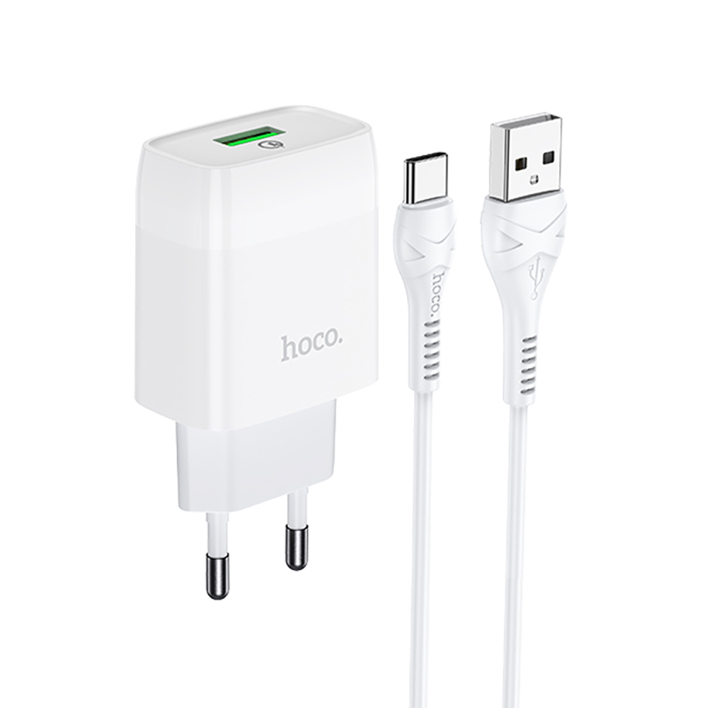 Комплект СЗУ hoco. модель C72Q, USB-C 18Вт, QC3.0, каб. C-C, белый, арт.№ 916-335