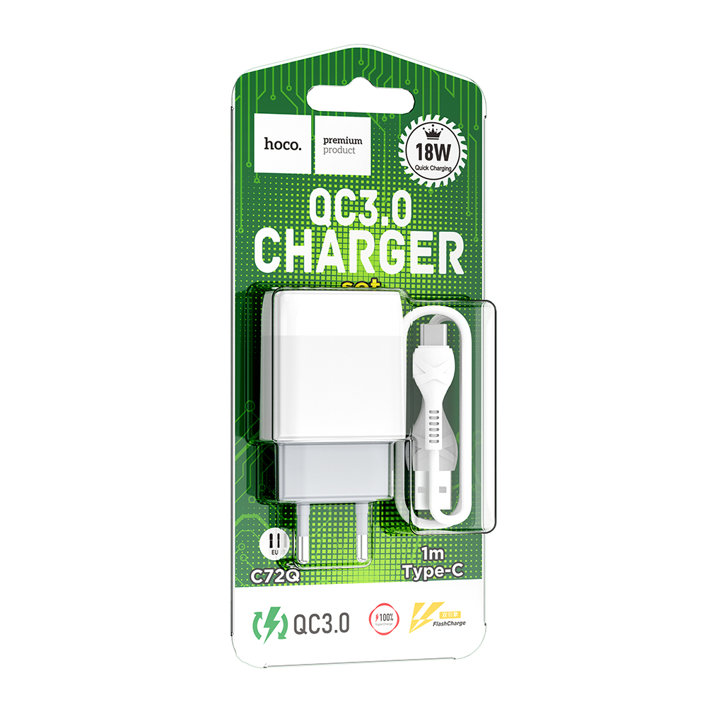 Комплект СЗУ hoco. модель C72Q, USB-C 18Вт, QC3.0, каб. C-C, белый, арт.№ 916-335