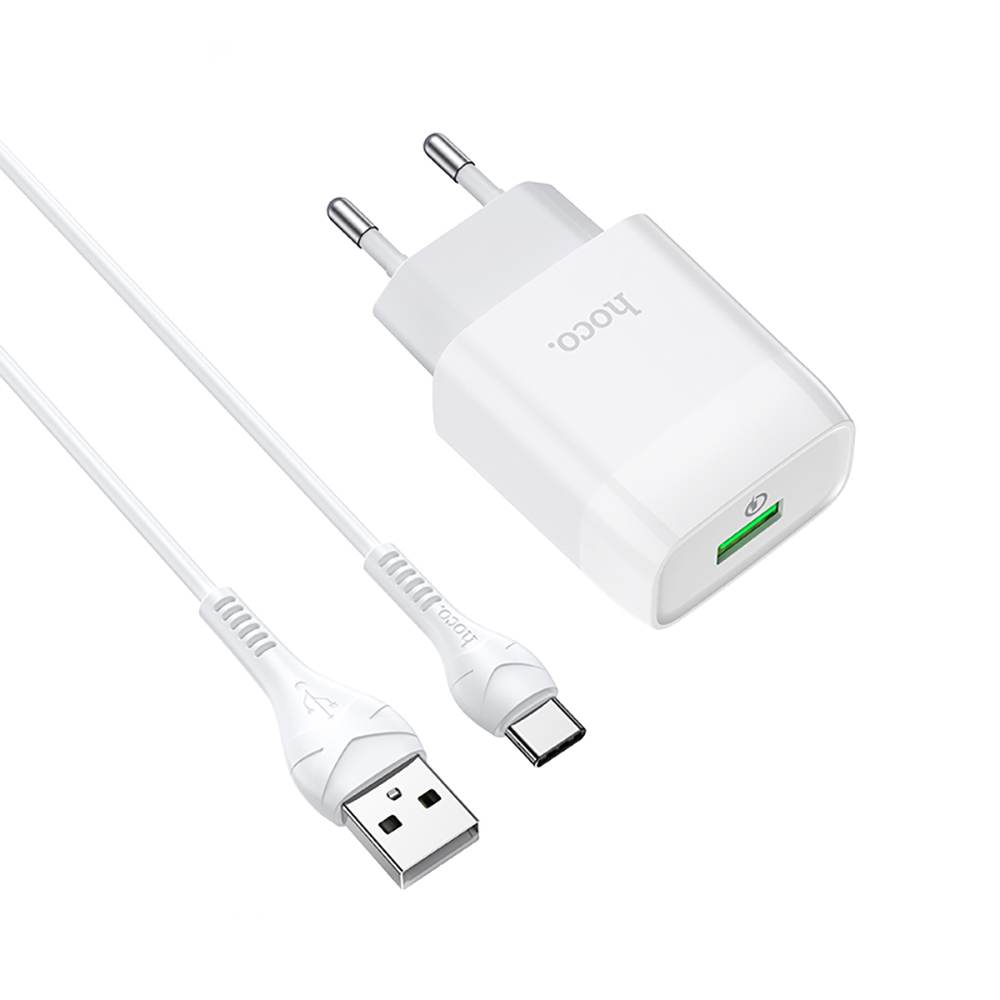 Комплект СЗУ hoco. модель C72Q, USB-C 18Вт, QC3.0, каб. C-C, белый, арт.№ 916-335