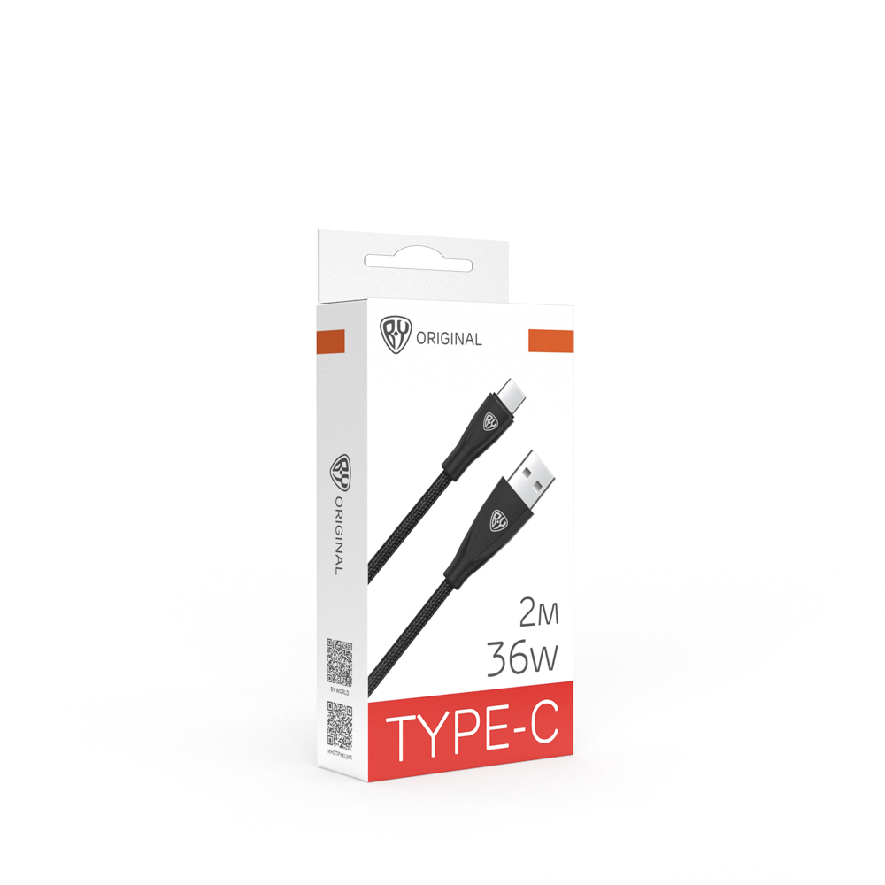 Кабель для зарядки USB(A)-Type C BY Nylon Pro, 36Вт, 2 м, 3A, нейлон, черный, арт.№ 931-613