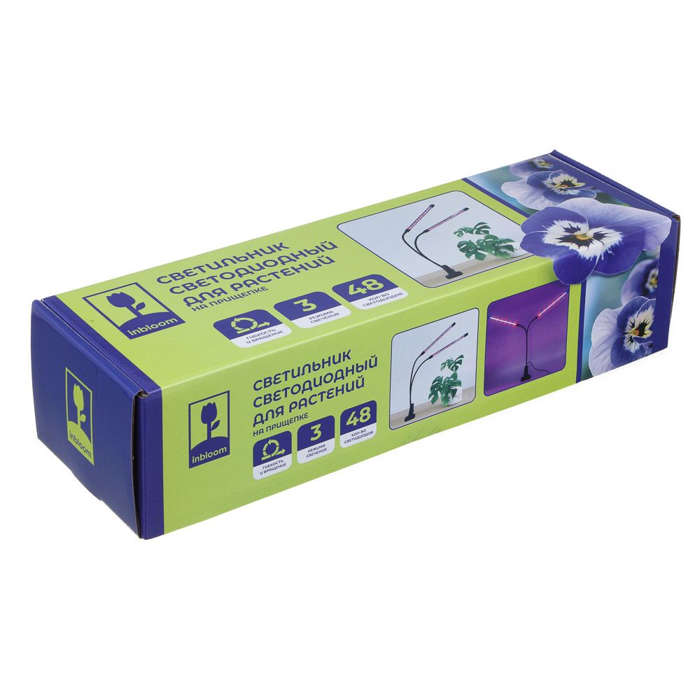 INBLOOM Светильник светодиодный для растений, 48LED, 3 реж, таймер, диммер, 6Вт, USB, PC, металл, арт.№ 185-095