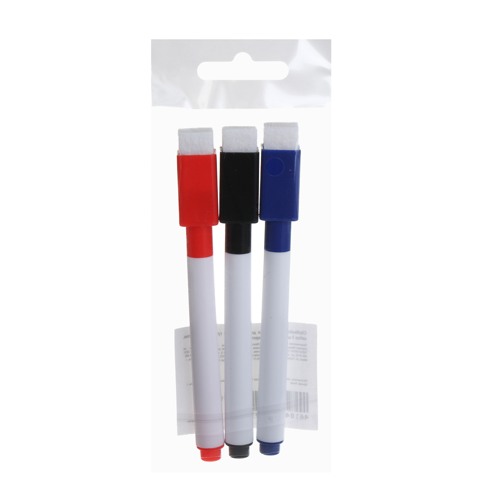 Набор маркеров для белых досок ClipStudio 3 цвета, с губкой и магнитом, пакет с европодвесом, арт.№ 613-135