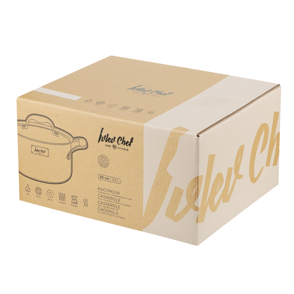 Ivlev Chef Ladoga Кастрюля 20х12,5см 3,8л, с нерж. крышкой, индукция, нерж.сталь 18/10, арт.№ 822-255