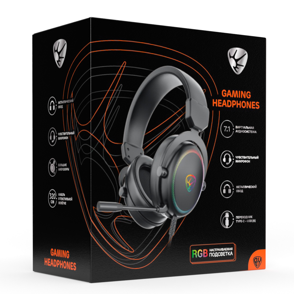 Наушники проводные с микрофоном игровые BY Kabuto Type-C USB(A)3,2 м, VS7.1, настр. RGB подсветка, арт.№ 410-091