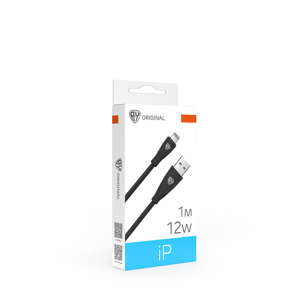 Кабель для зарядки USB(A)-iP BY Nylon Pro, 12Вт, 1 м, 2.4A, нейлон, черный, арт.№ 931-618
