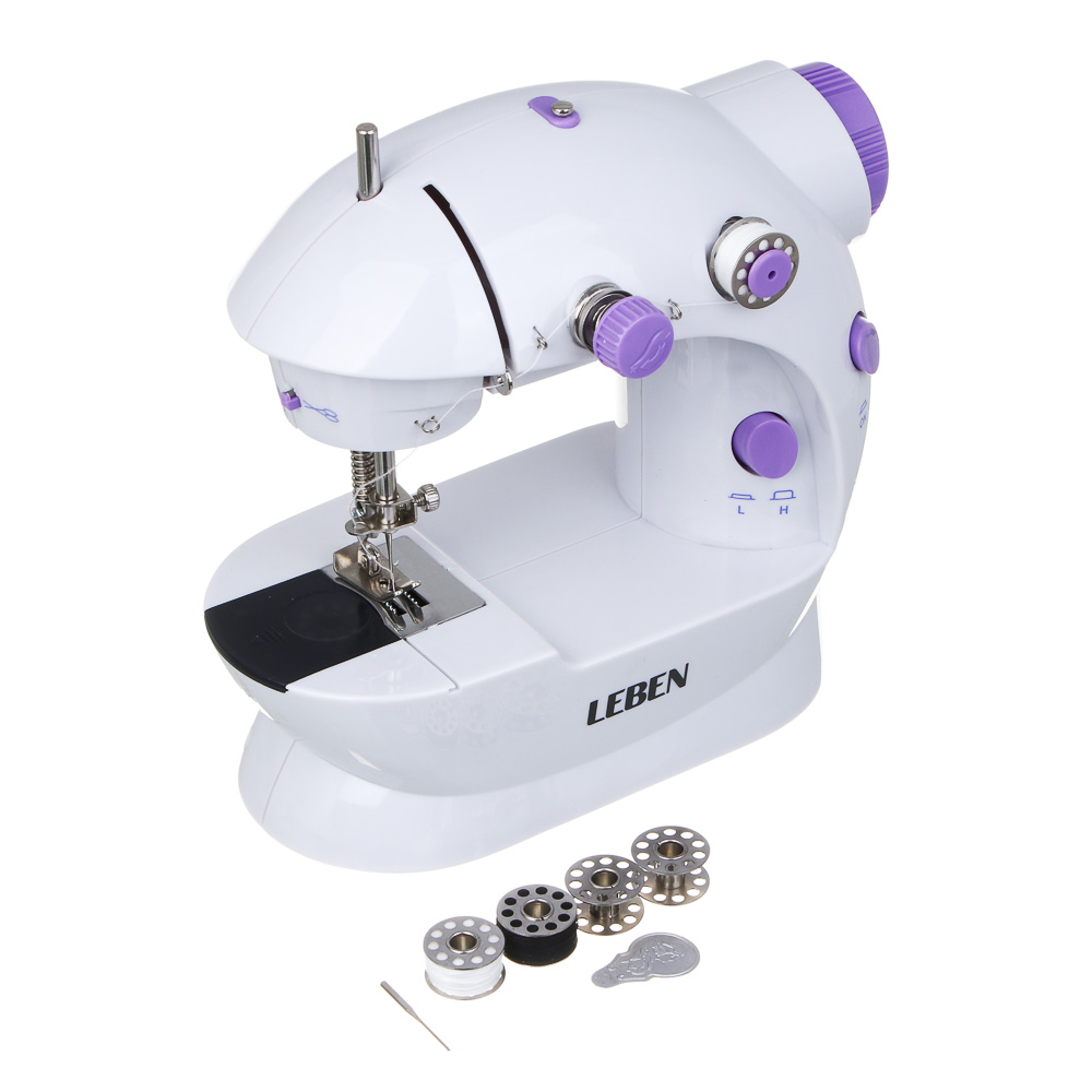 LEBEN Швейная машинка, 6 Вт, полуавтомат, 2 скорости, 4xАА или 220 В, белая, 195х125х200мм, арт.№ 248-020