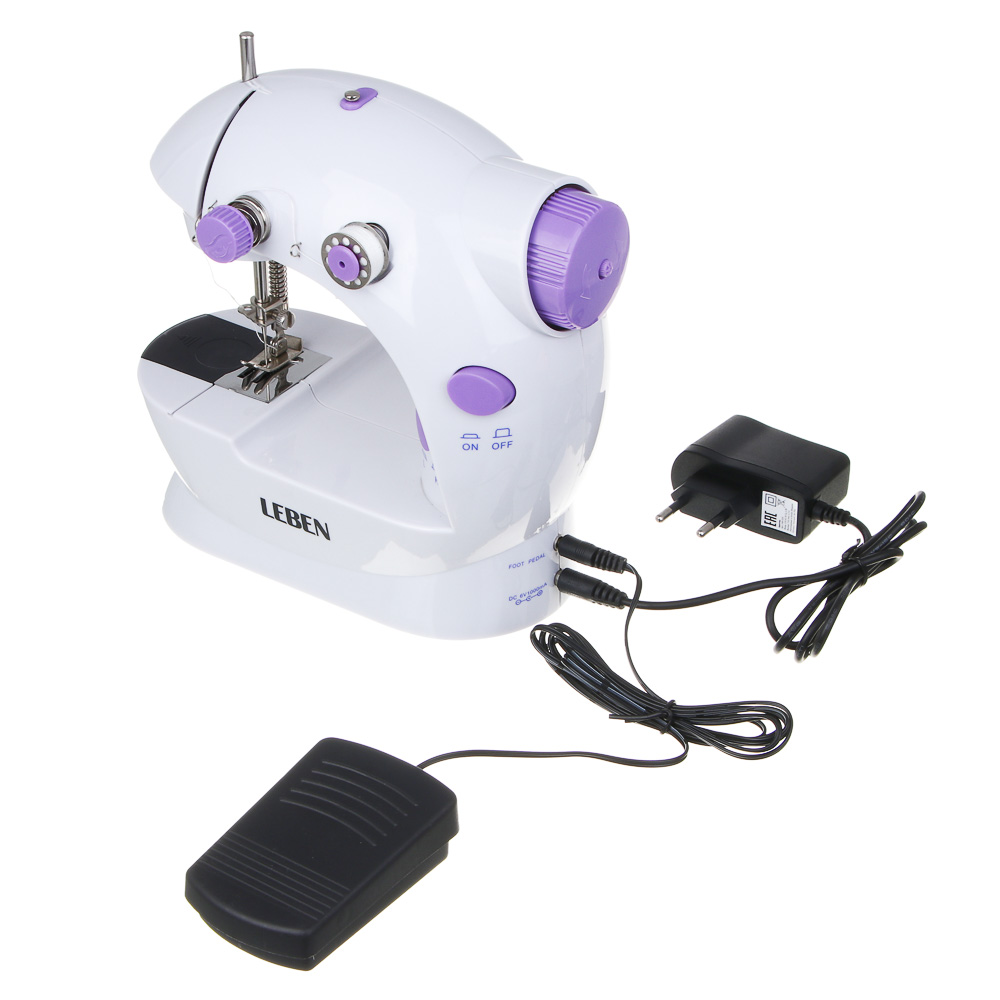 LEBEN Швейная машинка, 6 Вт, полуавтомат, 2 скорости, 4xАА или 220 В, белая, 195х125х200мм, арт.№ 248-020