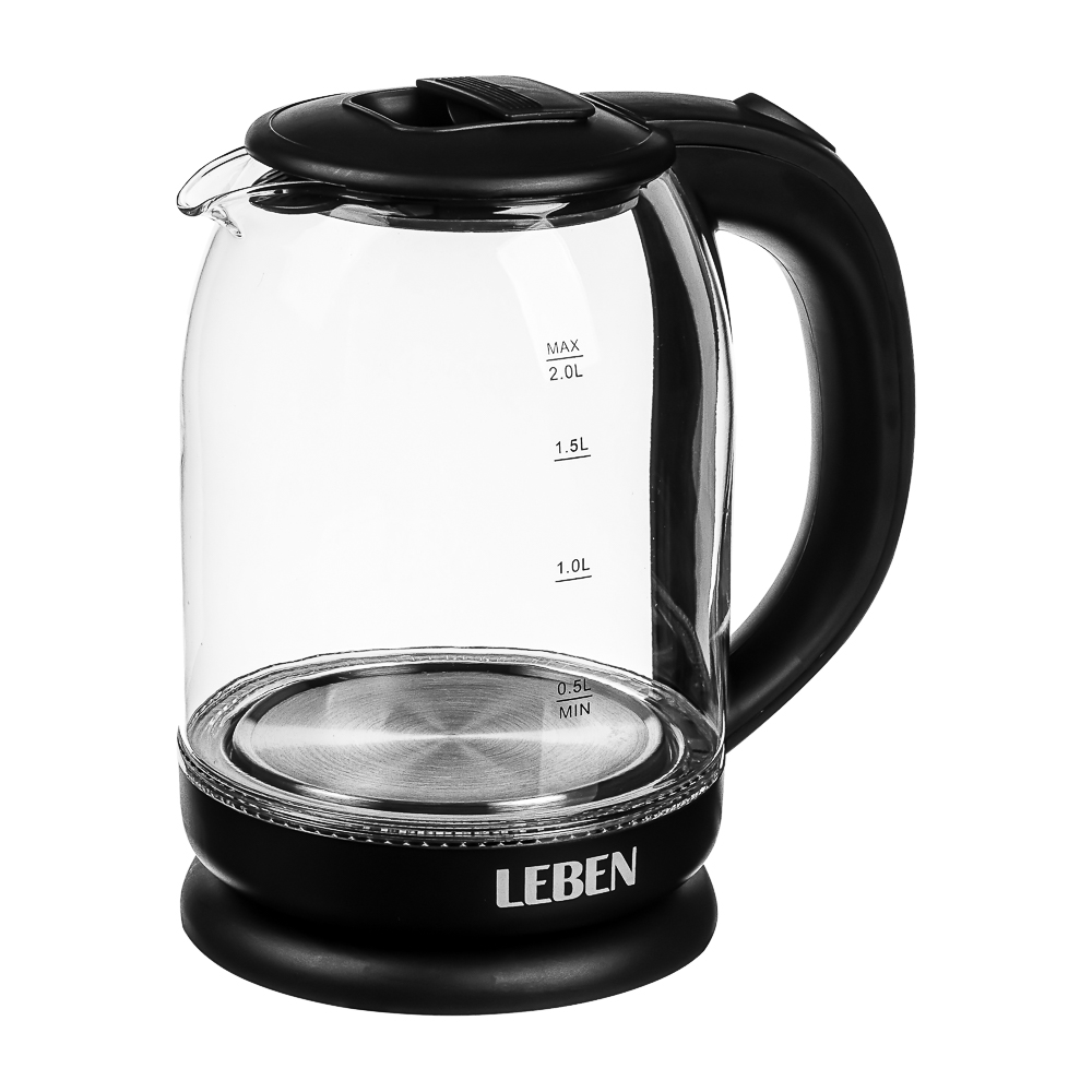 LEBEN Чайник электрический, 1500 Вт, c LED подсветкой, стекло, черный, арт.№ 291-129
