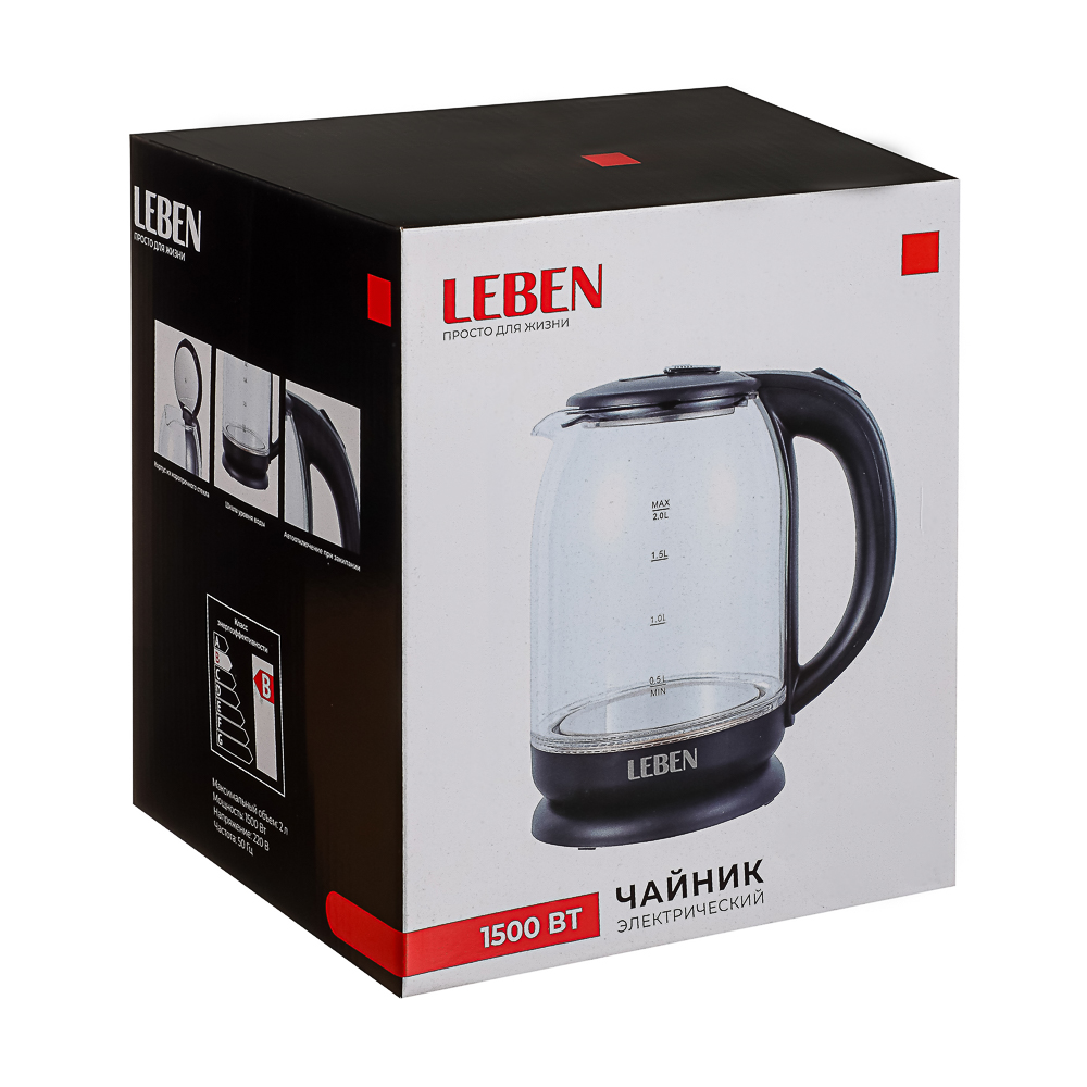 LEBEN Чайник электрический, 1500 Вт, c LED подсветкой, стекло, черный, арт.№ 291-129