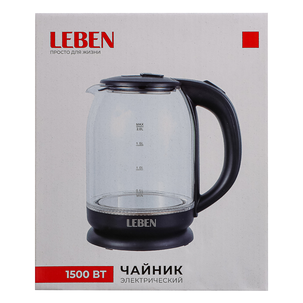 LEBEN Чайник электрический, 1500 Вт, c LED подсветкой, стекло, черный, арт.№ 291-129