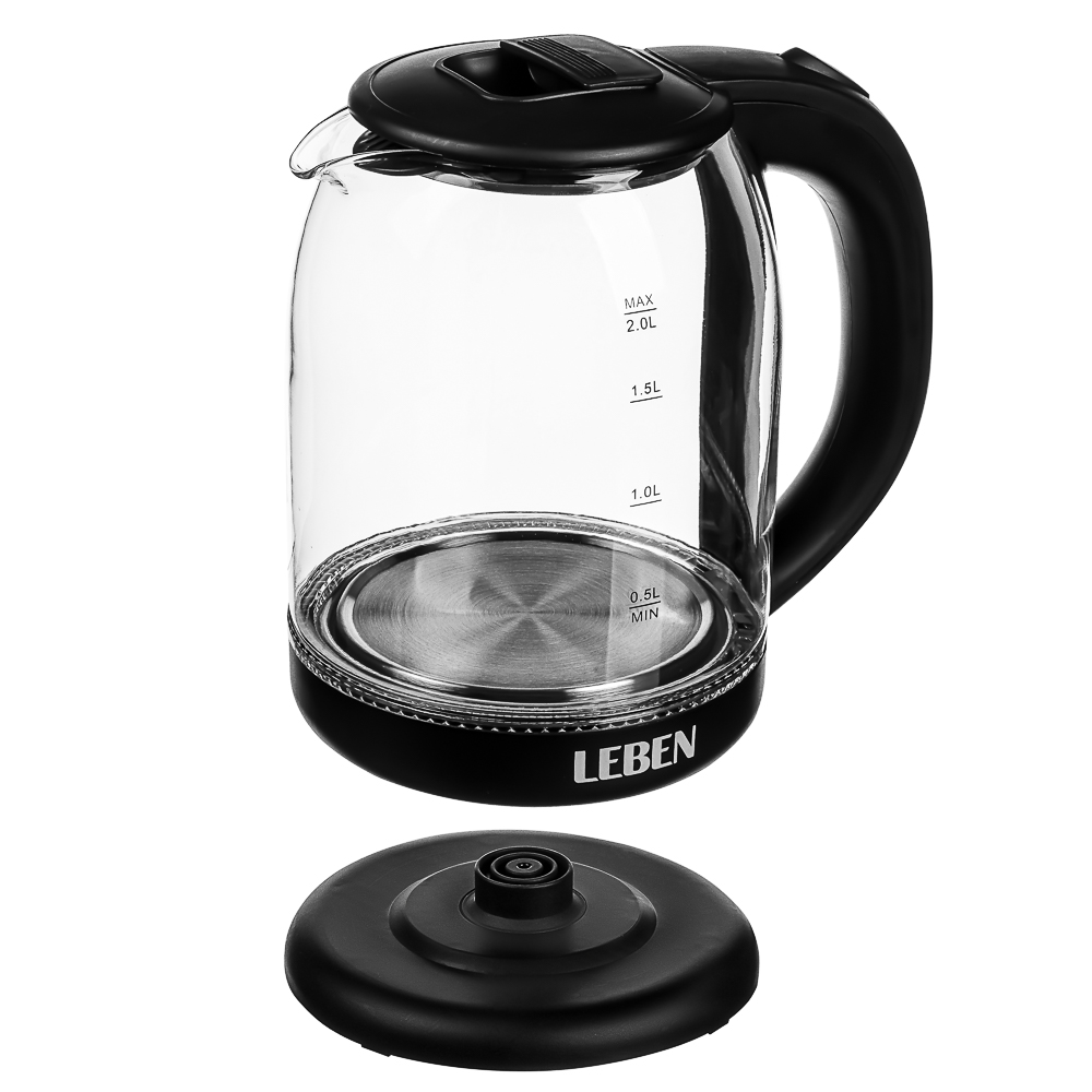 LEBEN Чайник электрический, 1500 Вт, c LED подсветкой, стекло, черный, арт.№ 291-129