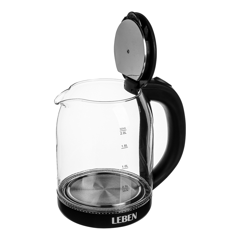 LEBEN Чайник электрический, 1500 Вт, c LED подсветкой, стекло, черный, арт.№ 291-129