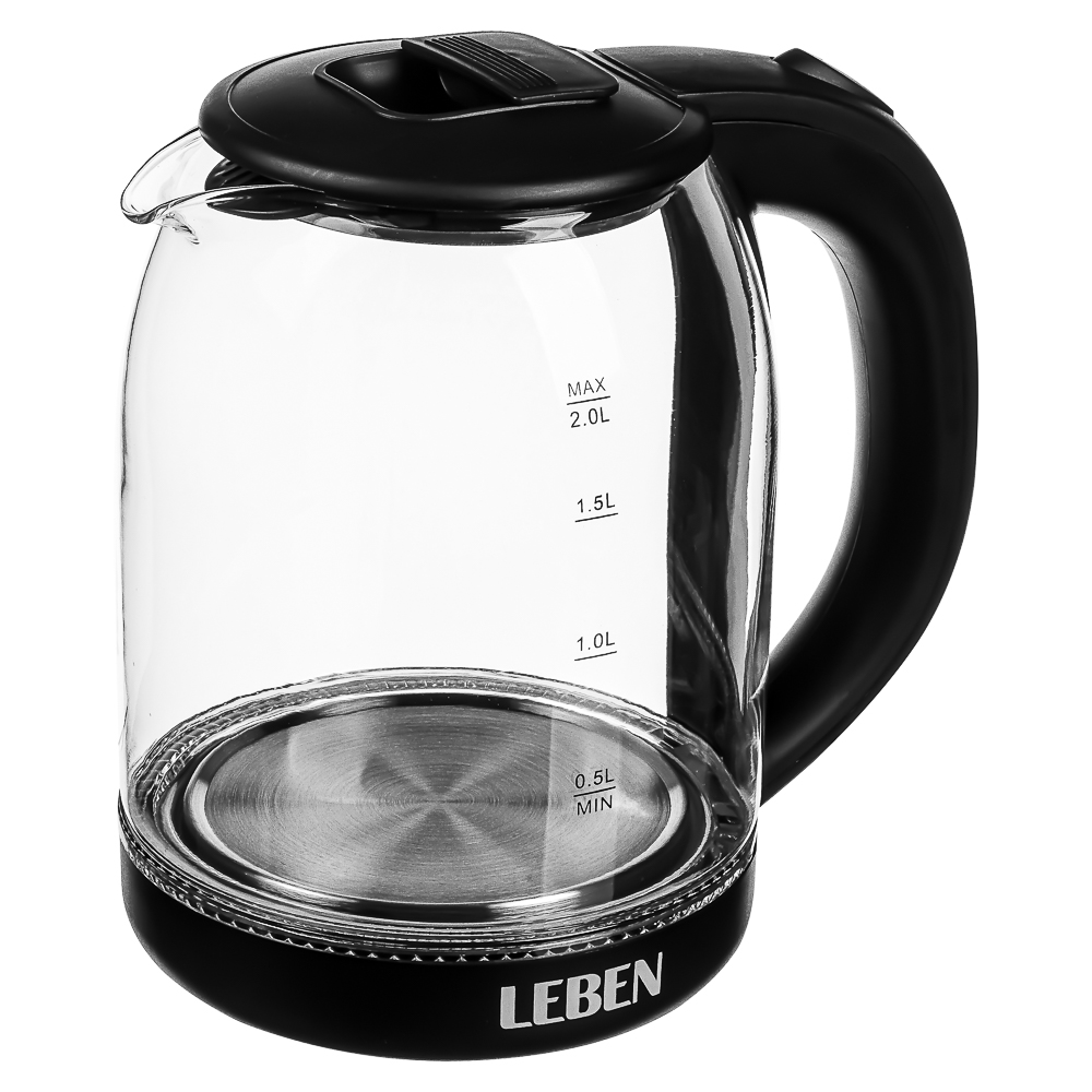 LEBEN Чайник электрический, 1500 Вт, c LED подсветкой, стекло, черный, арт.№ 291-129