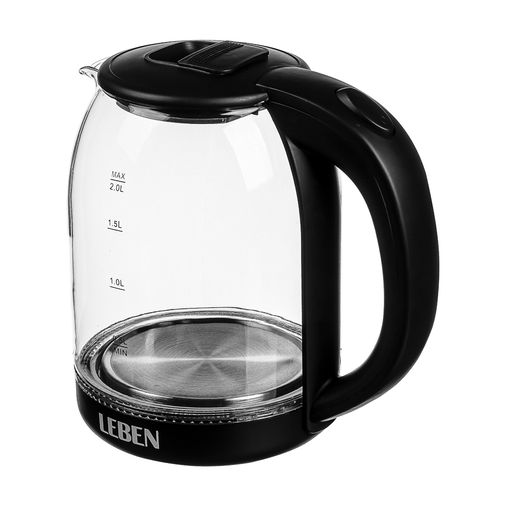 LEBEN Чайник электрический, 1500 Вт, c LED подсветкой, стекло, черный, арт.№ 291-129