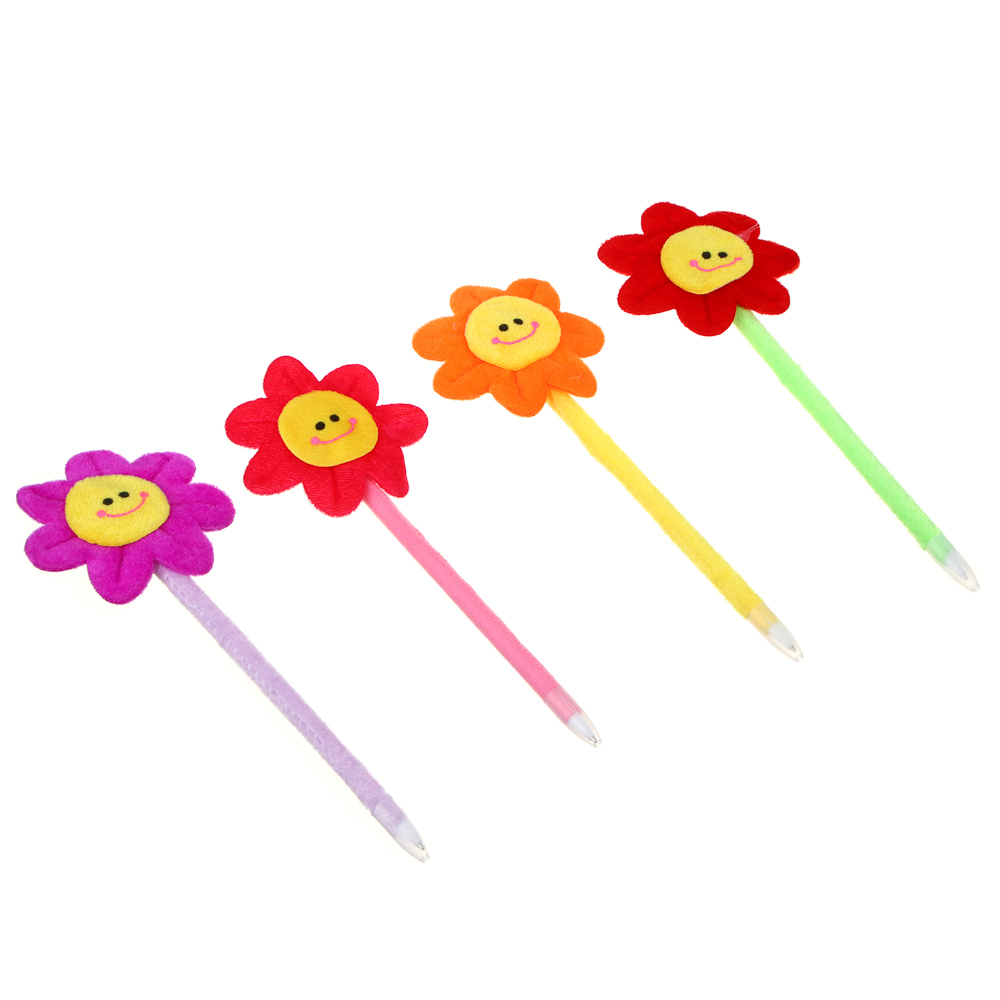 Ручка шариковая синяя в форме цветка со смайлом, мягкий корпус 18,5 см, ткань, PP, 4 дизайна, арт.№ 526-020