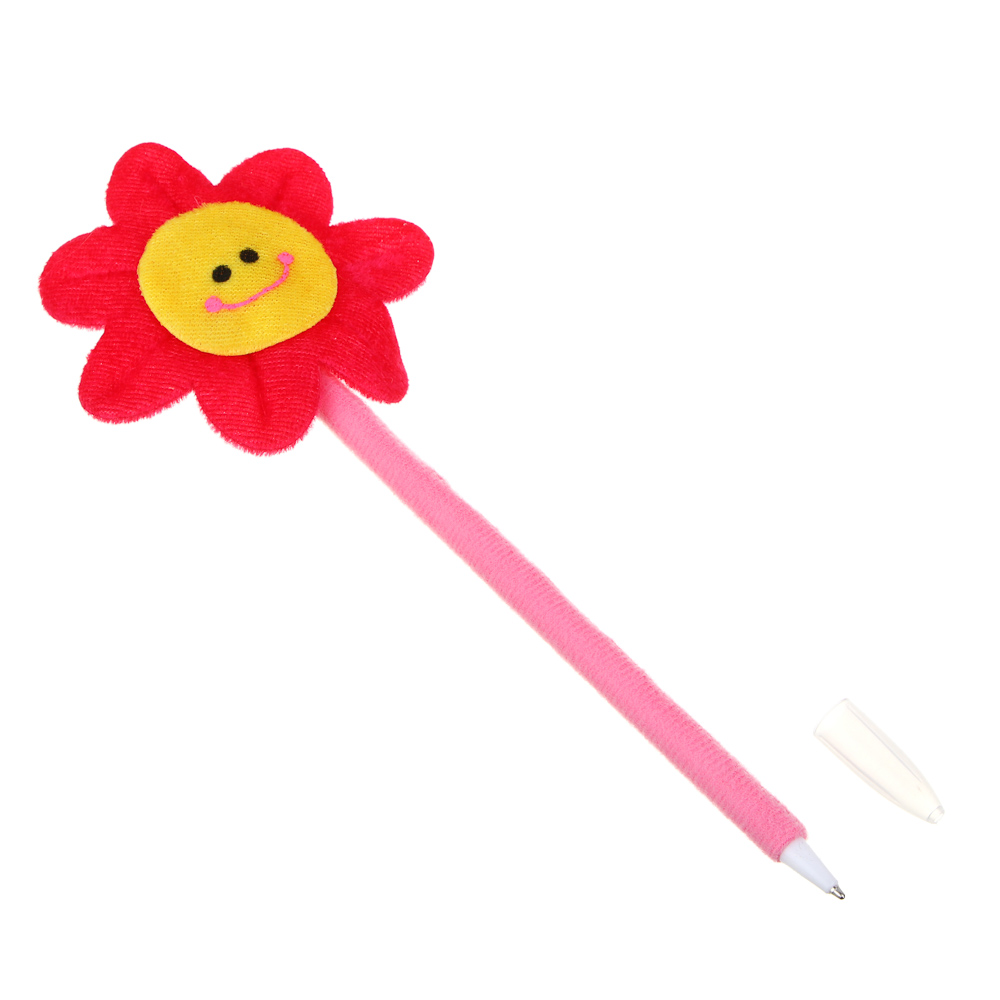 Ручка шариковая синяя в форме цветка со смайлом, мягкий корпус 18,5 см, ткань, PP, 4 дизайна, арт.№ 526-020