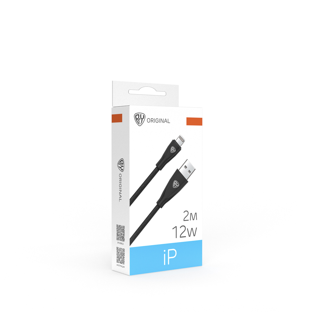 Кабель для зарядки USB(A)-iP BY Nylon Pro, 12Вт, 2 м, 2.4A, нейлон, черный, арт.№ 931-623