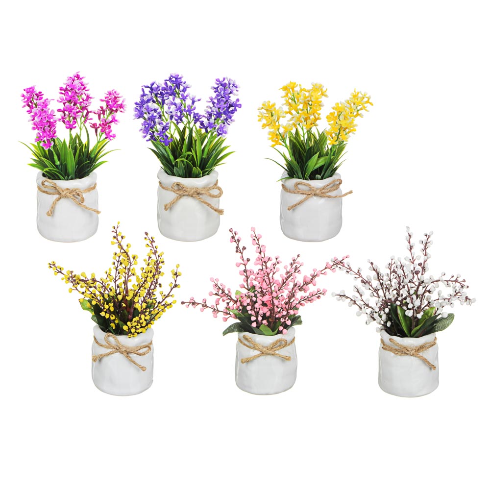 LADECOR Цветы в горшке 15,5х8х8см, полиэстер, керамика, 3 цвета, 2 вида, арт.GRSH-2, арт.№ 501-385