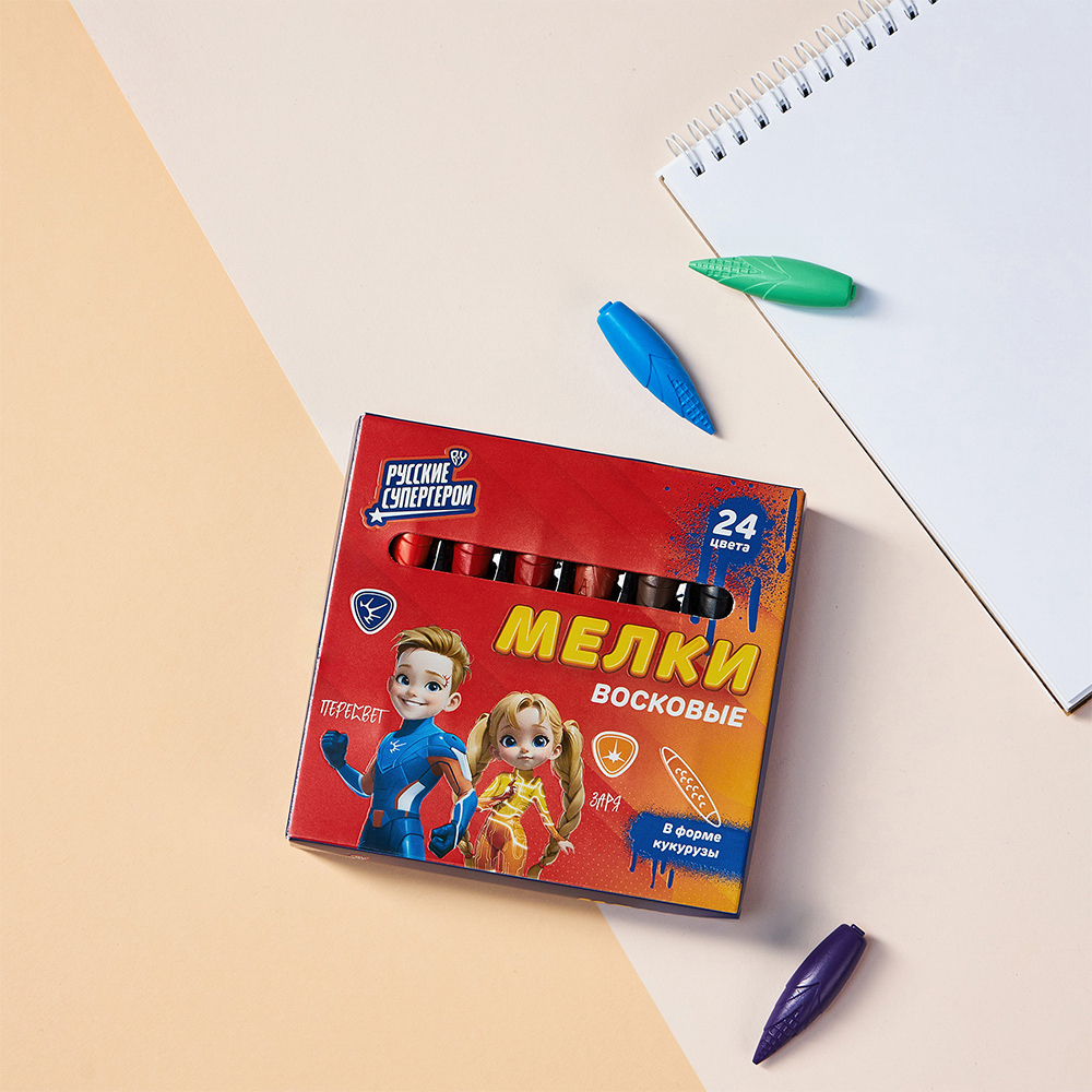 BY Русские Супергерои Мелки восковые пластиковые, 24 цвета, в форме кукурузы, 5,2 см, "Джуниор", арт.№ 801-034