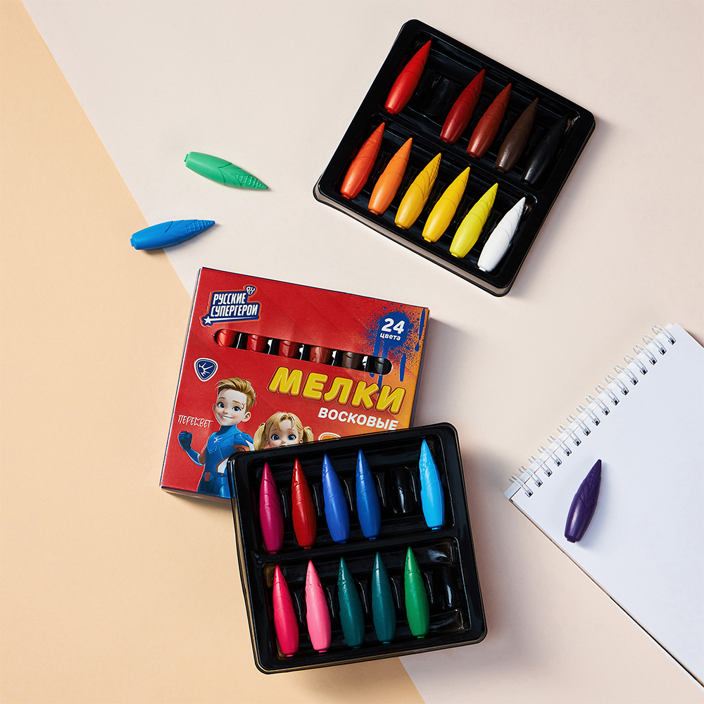 BY Русские Супергерои Мелки восковые пластиковые, 24 цвета, в форме кукурузы, 5,2 см, "Джуниор", арт.№ 801-034